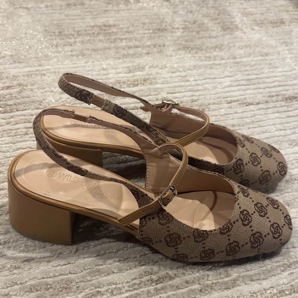 Wild Diva Brown Patterned Slingback Heels